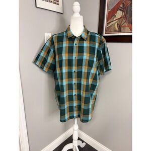Prana Mens Large Short Sleeve Plaid Button Down Shirt Organic Cotton Teal Green